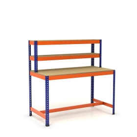 Blue and orange workbench with top shelves and footrest